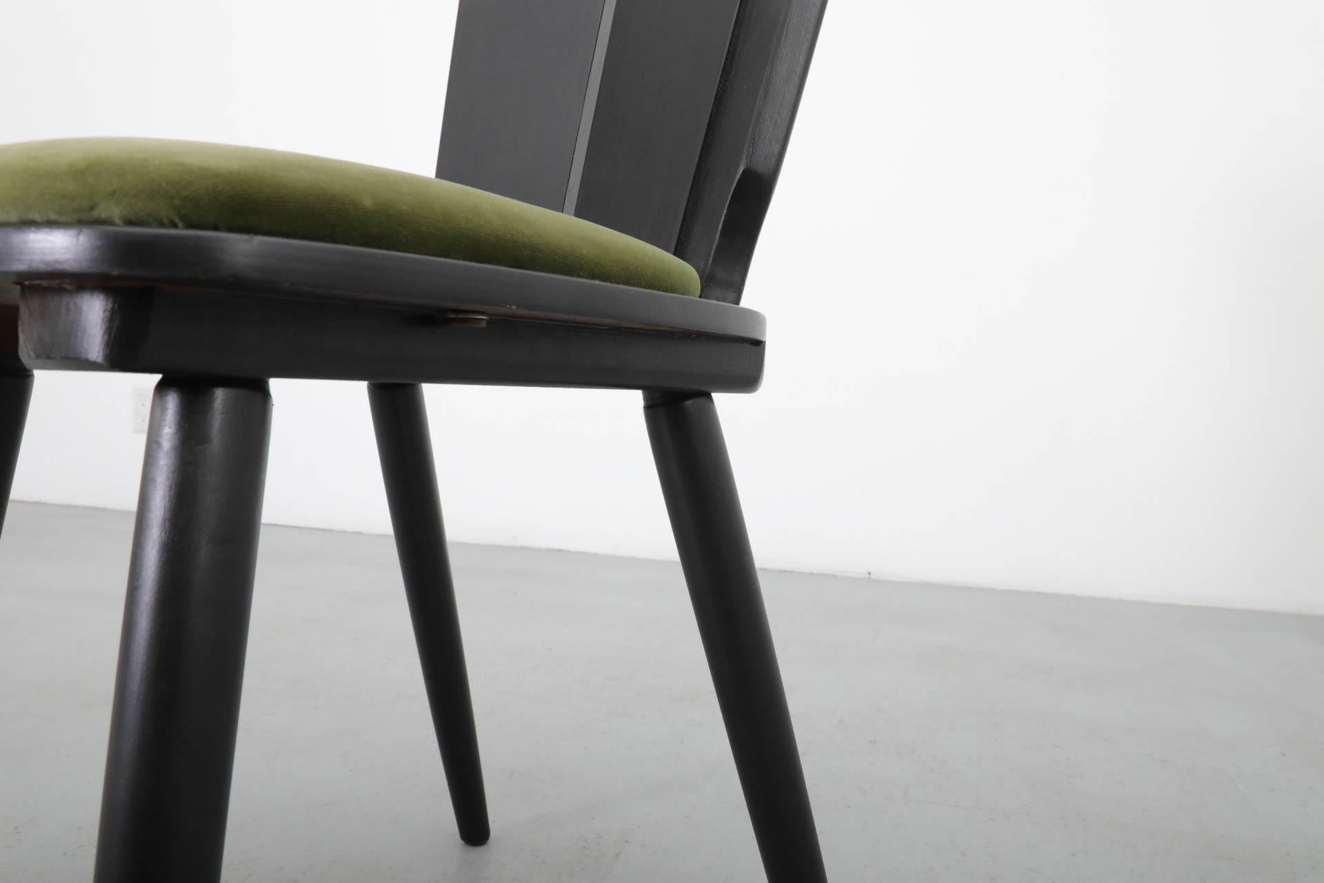Single Black Stained Oak Brutalist Dining Chair with Olive Velvet Seat 8