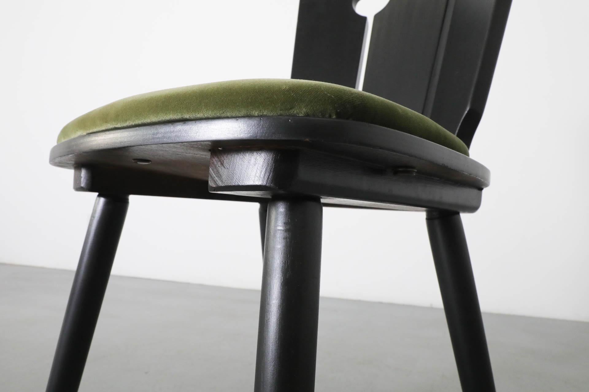 Single Black Stained Oak Brutalist Dining Chair with Olive Velvet Seat 9