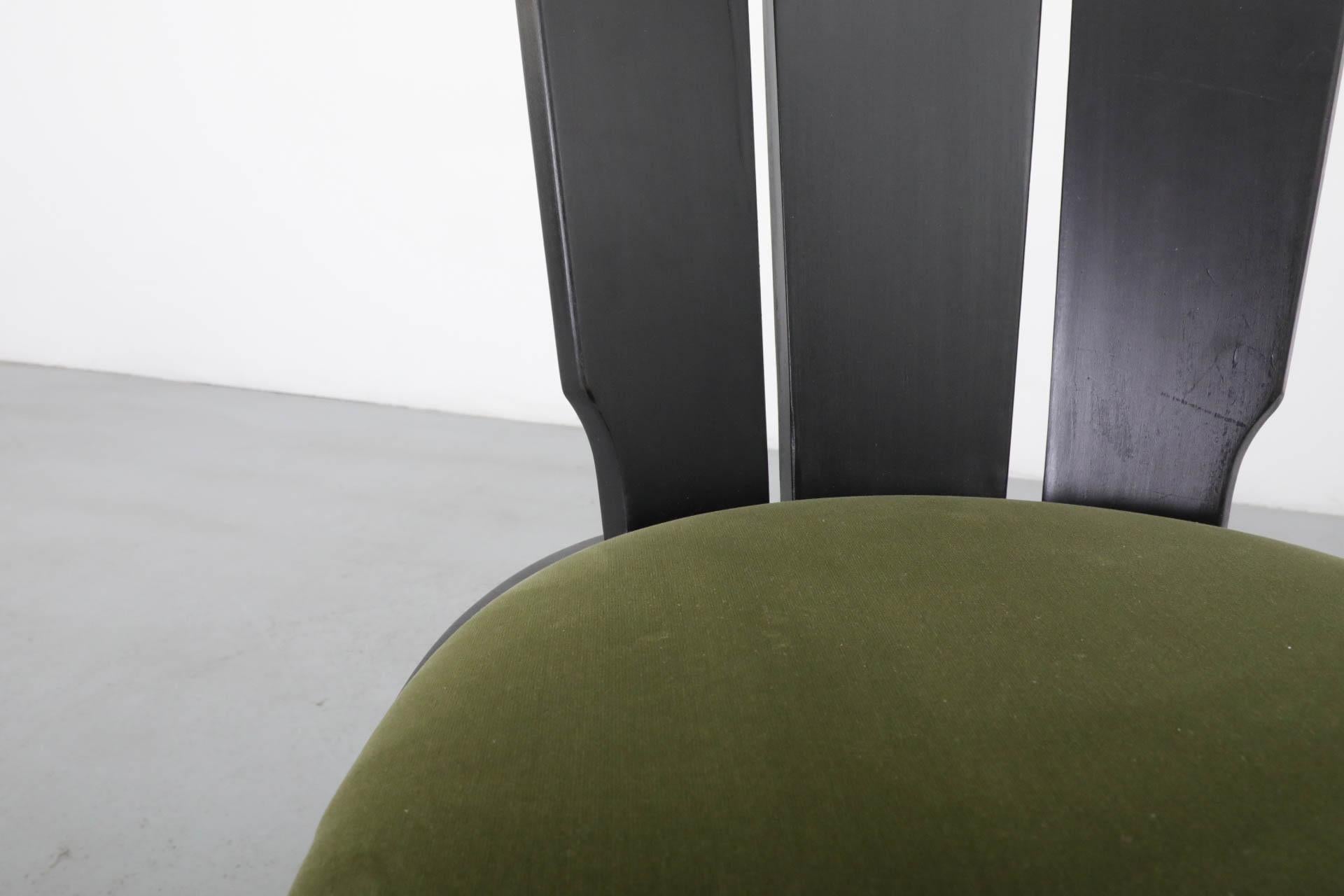 Single Black Stained Oak Brutalist Dining Chair with Olive Velvet Seat 10