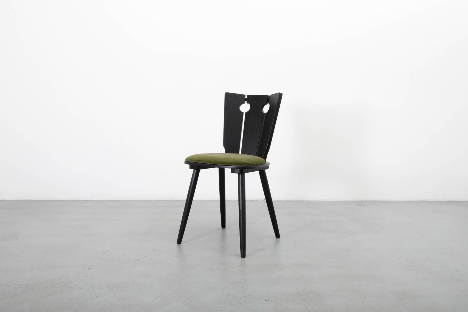 Dutch Single Black Stained Oak Brutalist Dining Chair with Olive Velvet Seat