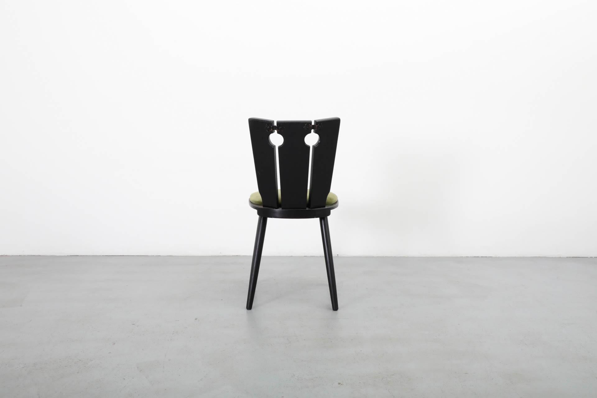 Single Black Stained Oak Brutalist Dining Chair with Olive Velvet Seat 1