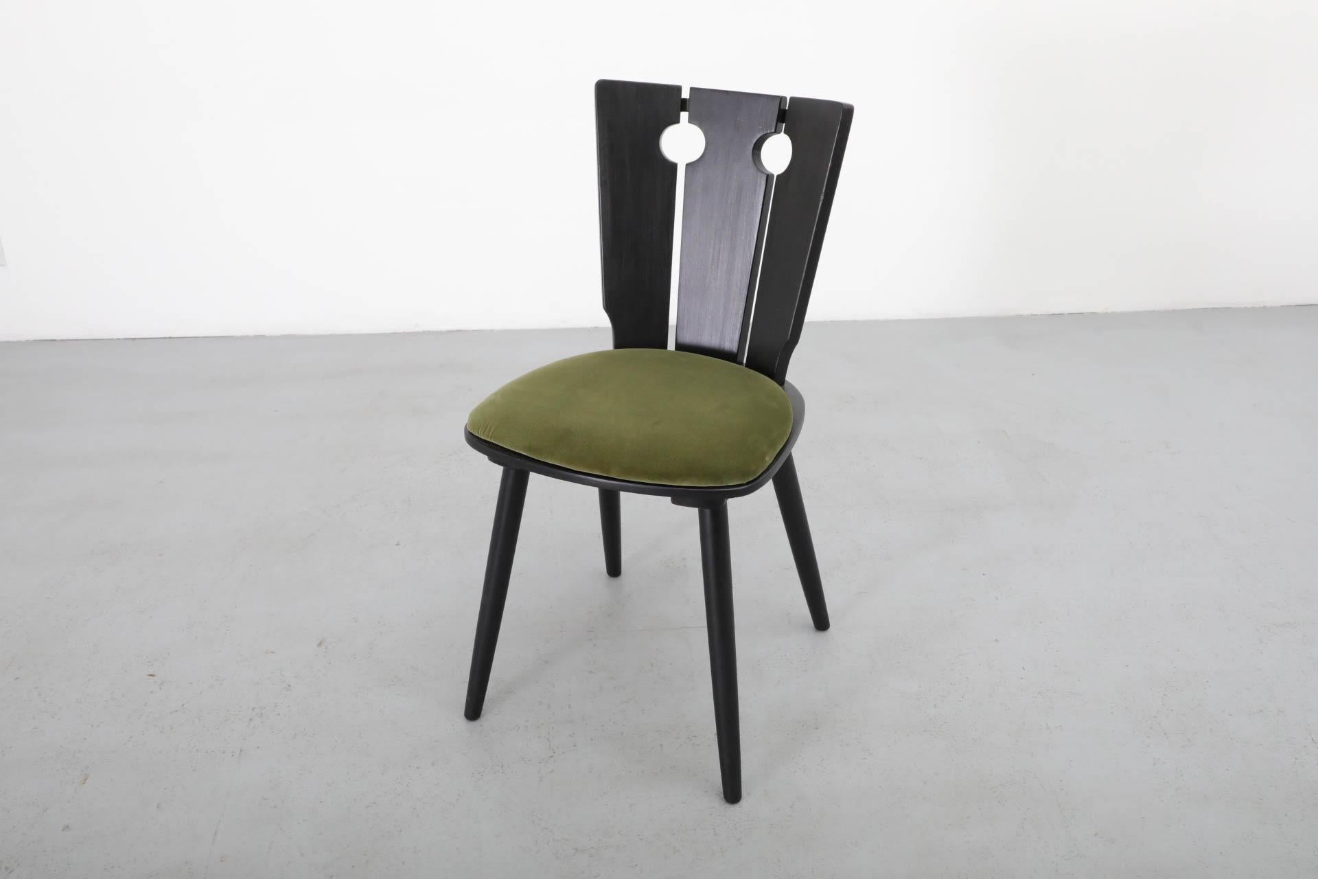 Single Black Stained Oak Brutalist Dining Chair with Olive Velvet Seat 4