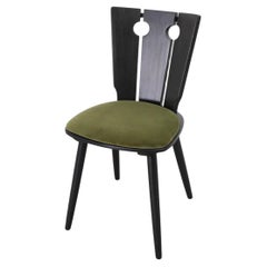 Single Black Stained Oak Brutalist Dining Chair with Olive Velvet Seat