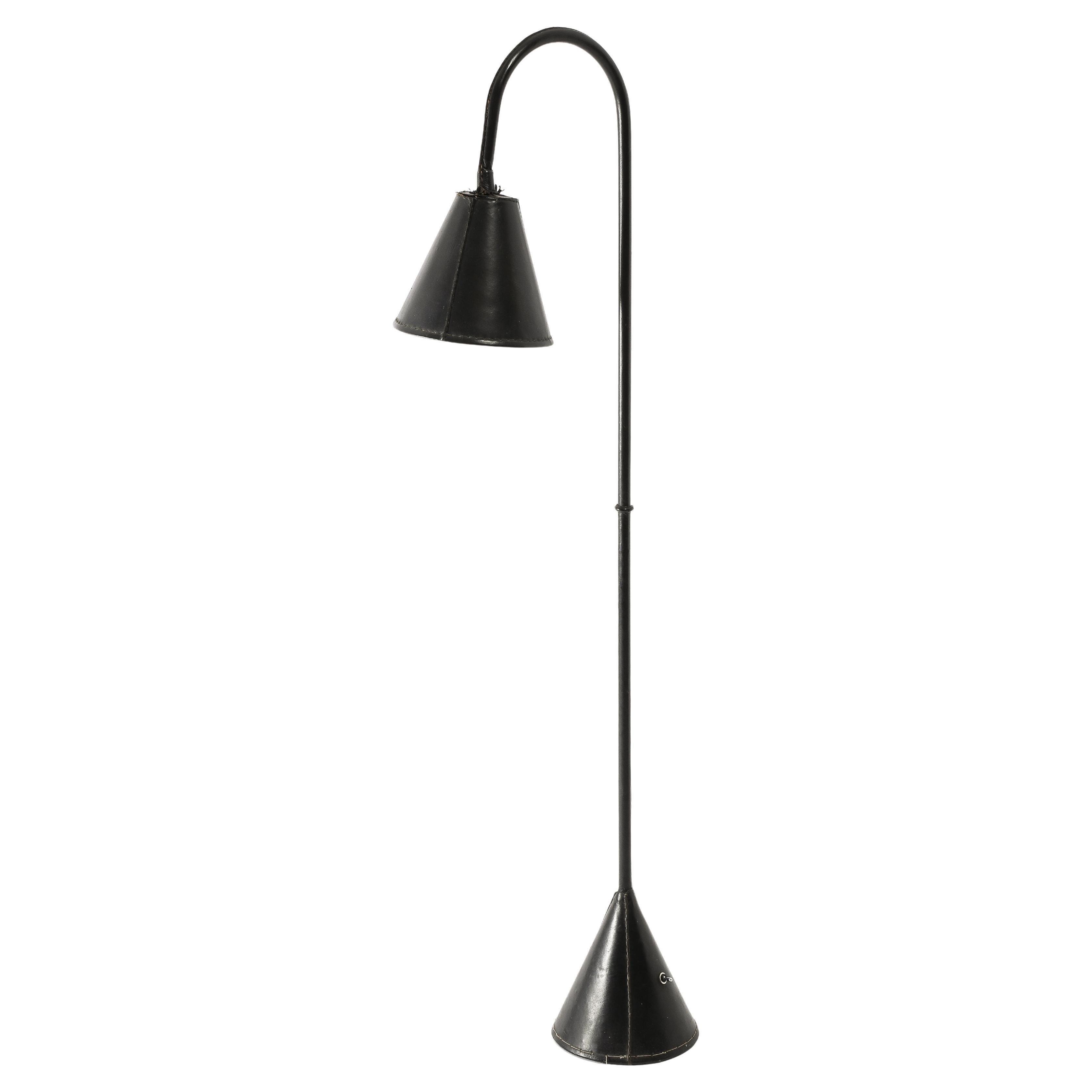 Single Black Valenti Dual Cone Leather Floor Lamp, Spain 1950's