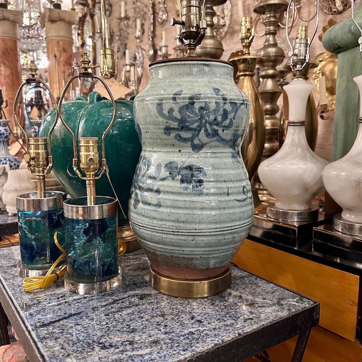 Mid-20th Century Single Blue Ceramic Lamp For Sale