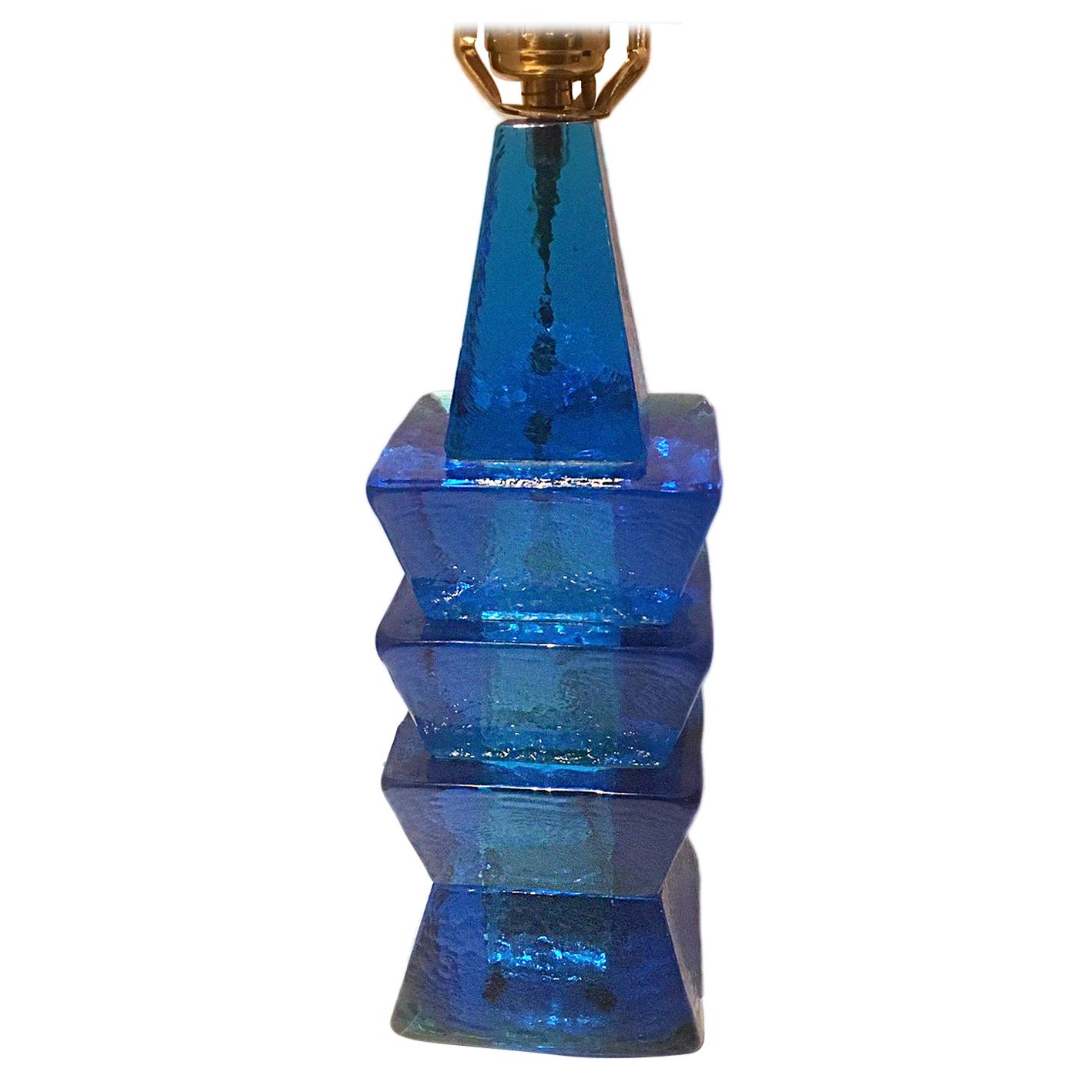 Single Blue Molded Glass Lamp For Sale