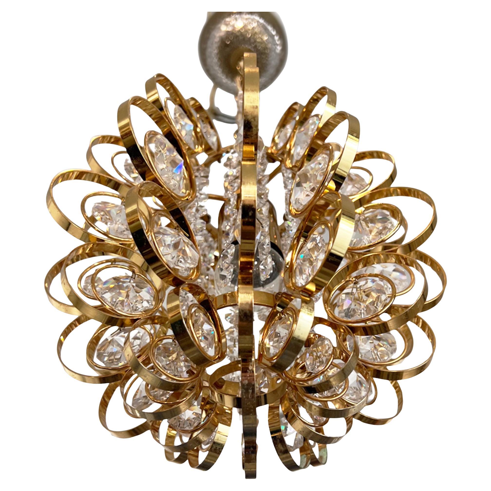 Single Brass and Crystal Hanging Light Attributed to Palwa