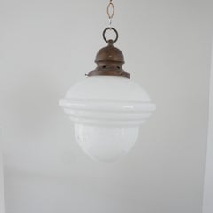 Single Brass and Ribbed Opaline Glass Pendant Light