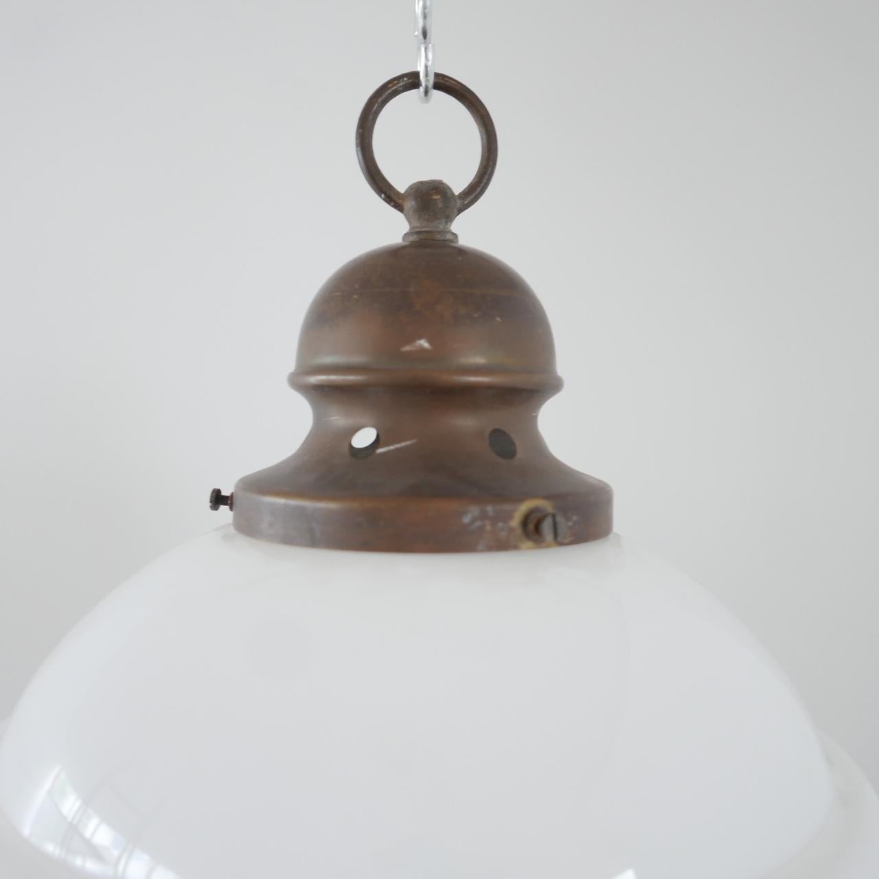 Single Brass and Ribbed Opaline Glass Pendant Light In Good Condition For Sale In London, GB