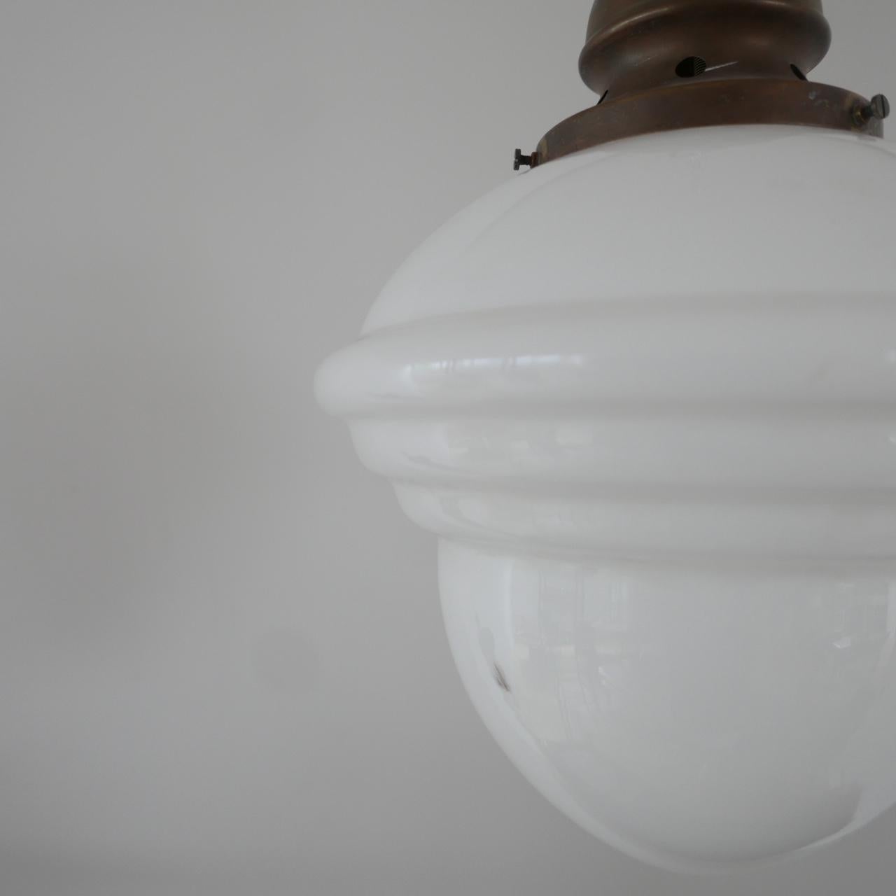 Mid-20th Century Single Brass and Ribbed Opaline Glass Pendant Light For Sale