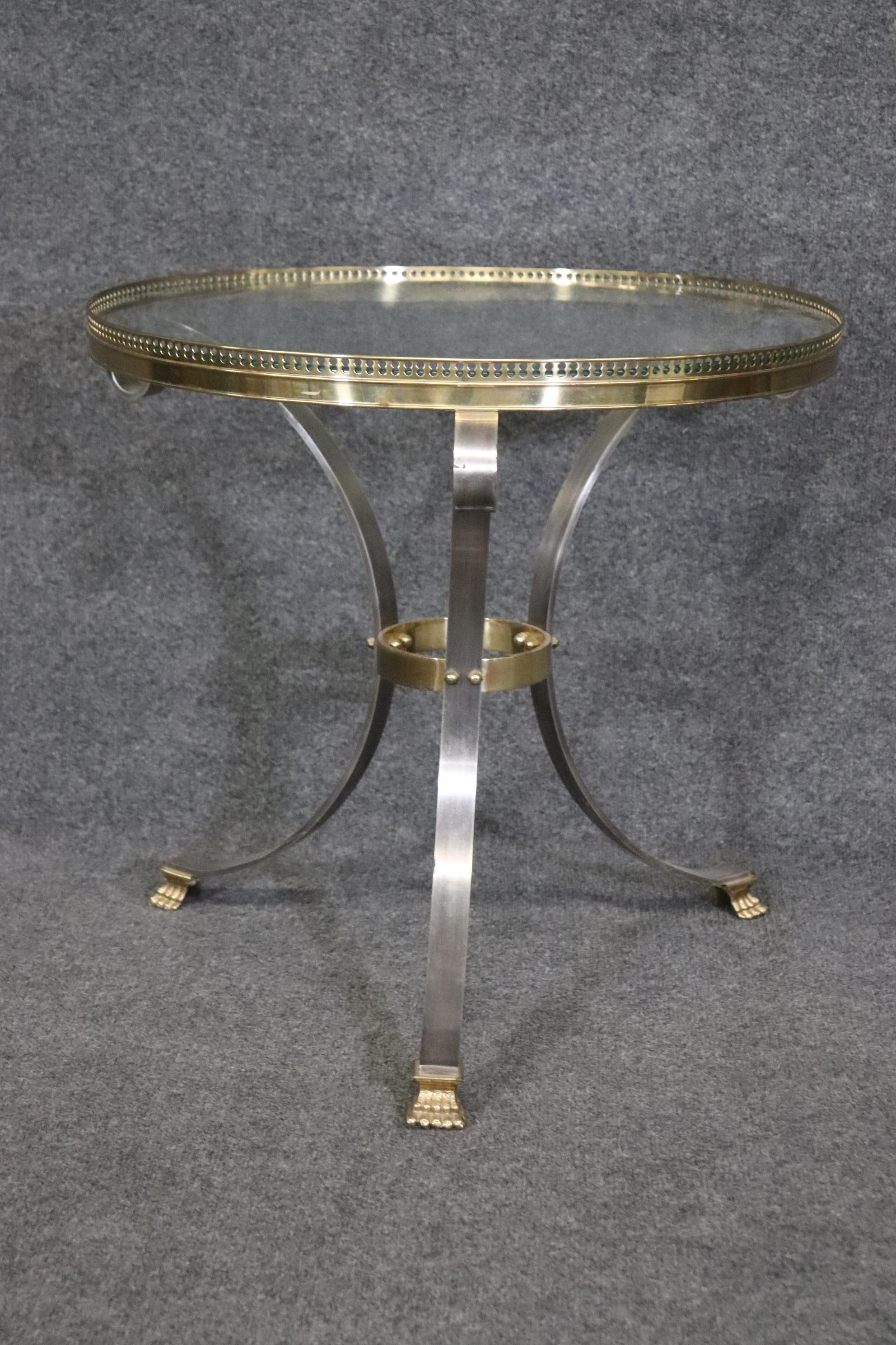 Directoire Single Brass and Steel Glass Top Guerdion or End Table Maison Jansen Style  For Sale