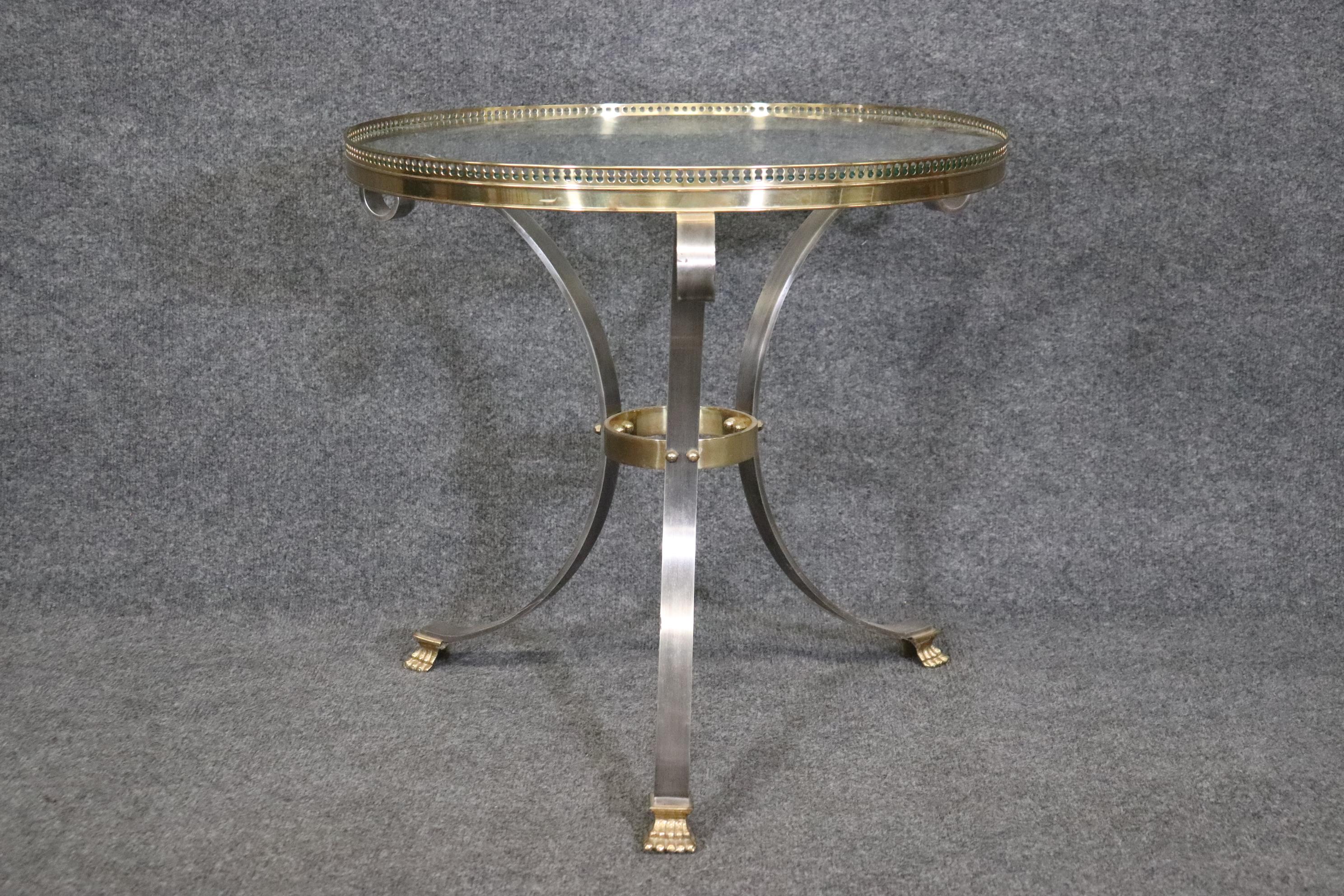French Single Brass and Steel Glass Top Guerdion or End Table Maison Jansen Style  For Sale