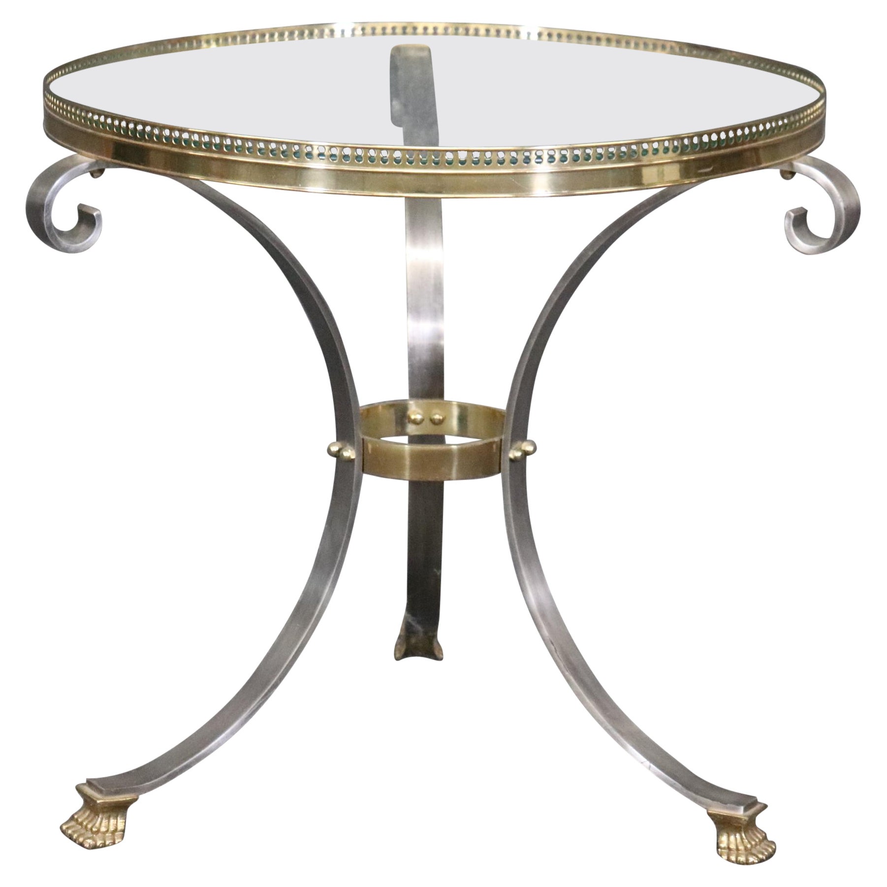 Tavolino singolo in ottone e acciaio con piano in vetro stile Maison Jansen
