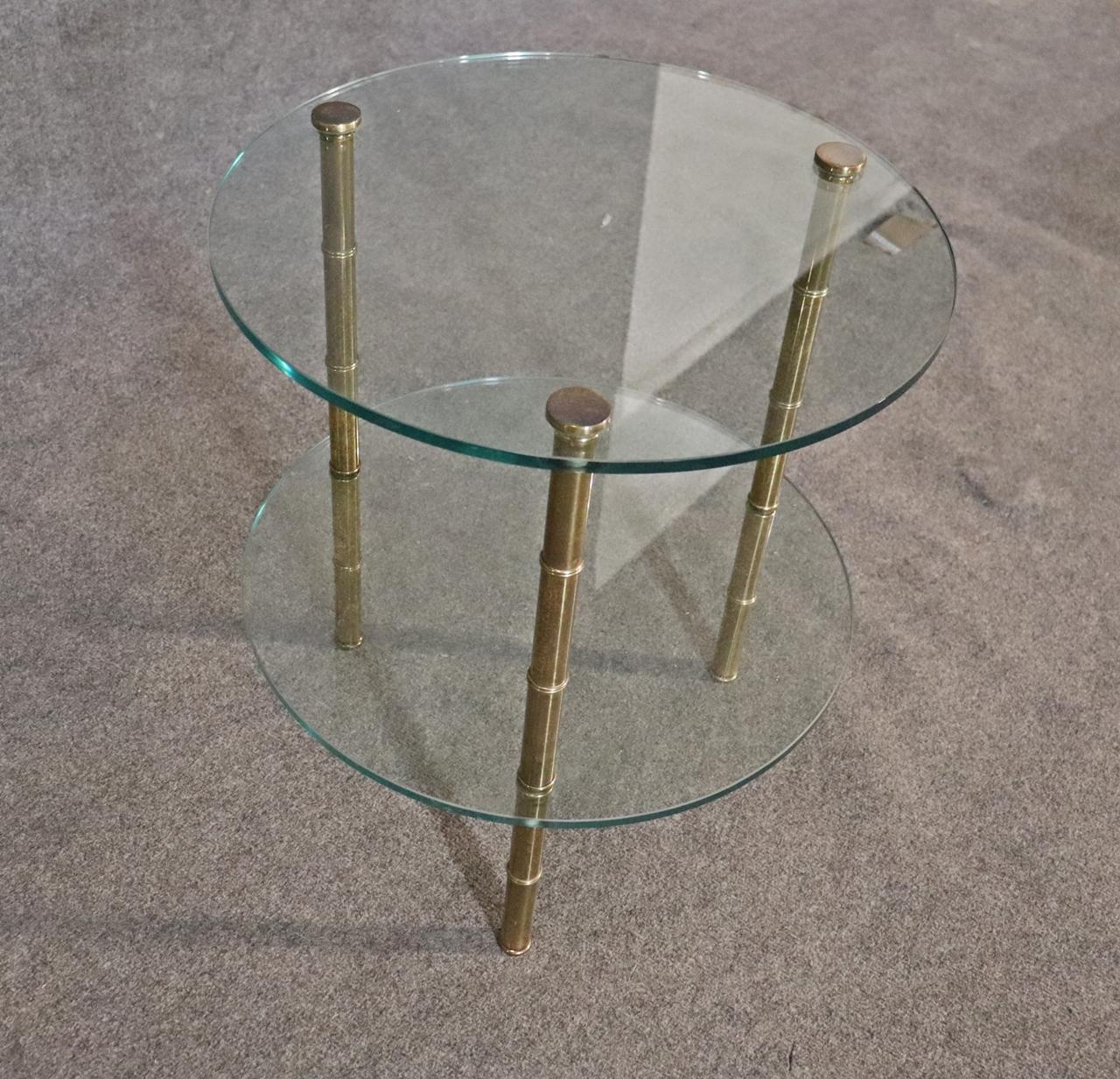 Mid-Century Modern Single Brass Faux Bamboo Bagues Style Two Tier Glass End Table For Sale