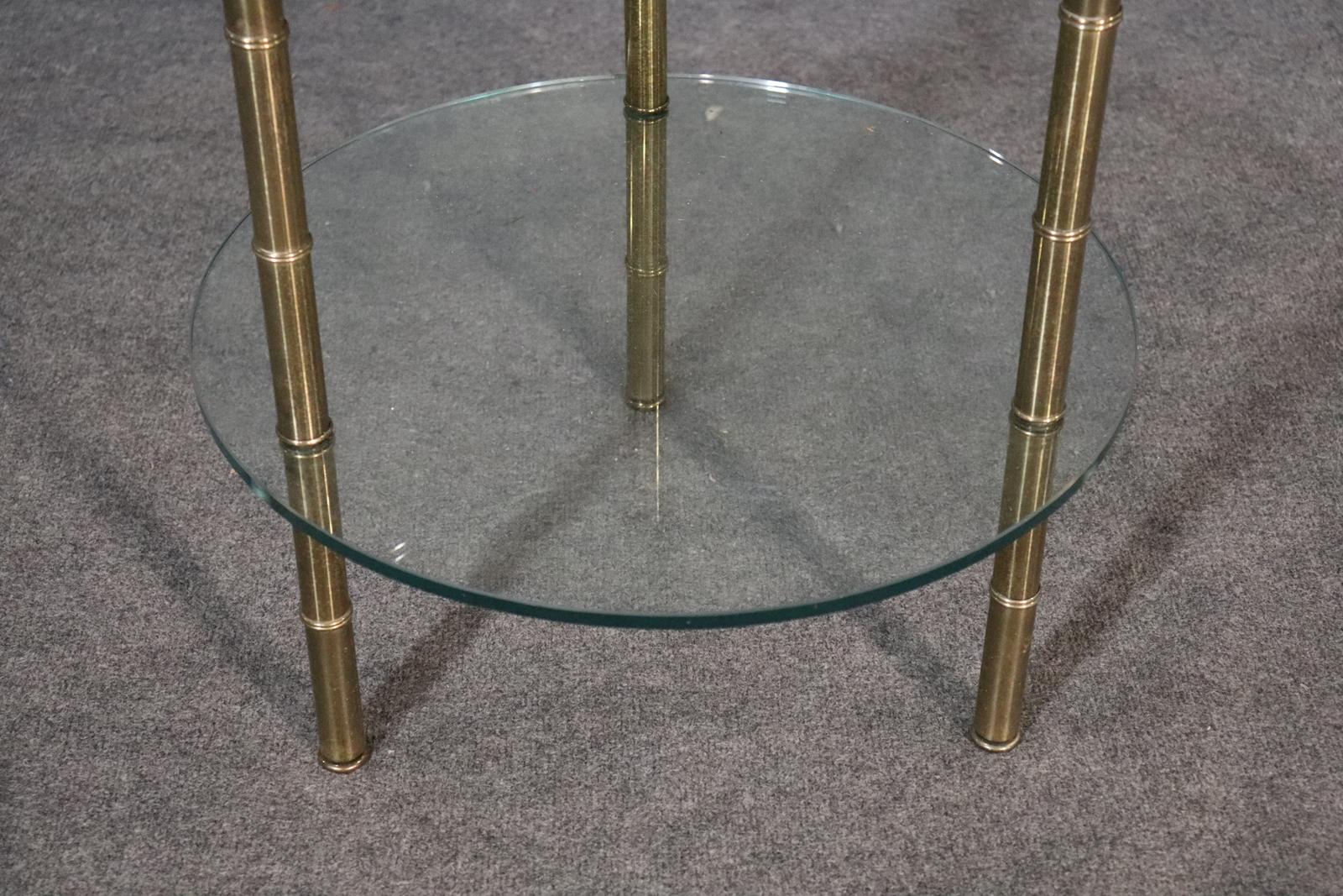 Single Brass Faux Bamboo Bagues Style Two Tier Glass End Table In Good Condition For Sale In Swedesboro, NJ