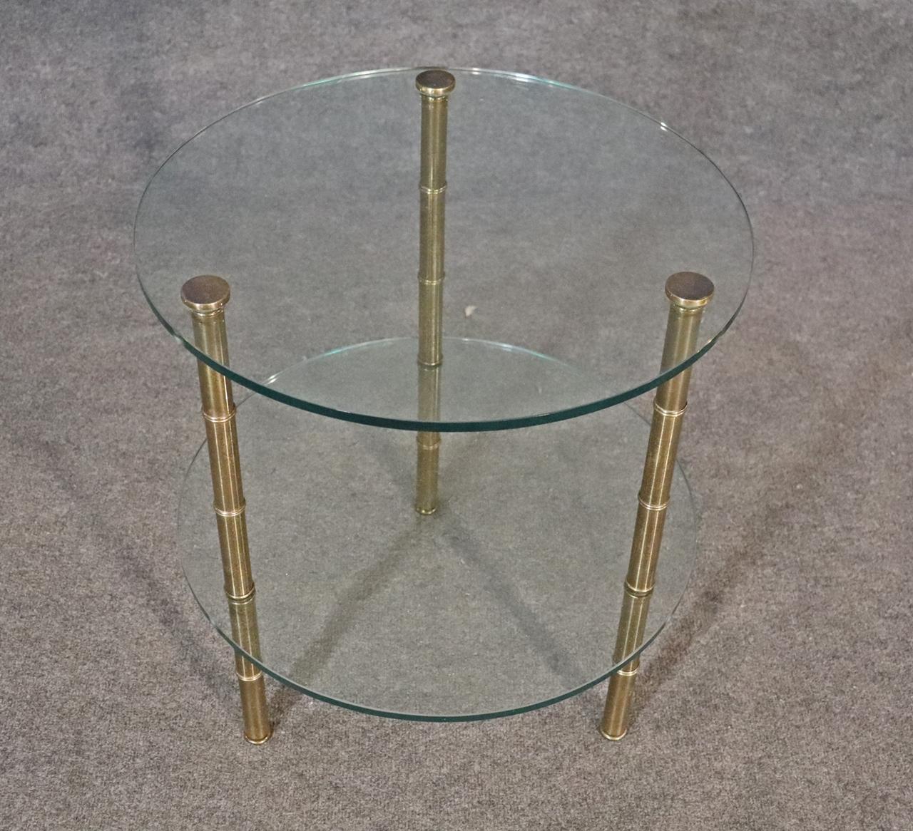 Late 20th Century Single Brass Faux Bamboo Bagues Style Two Tier Glass End Table For Sale