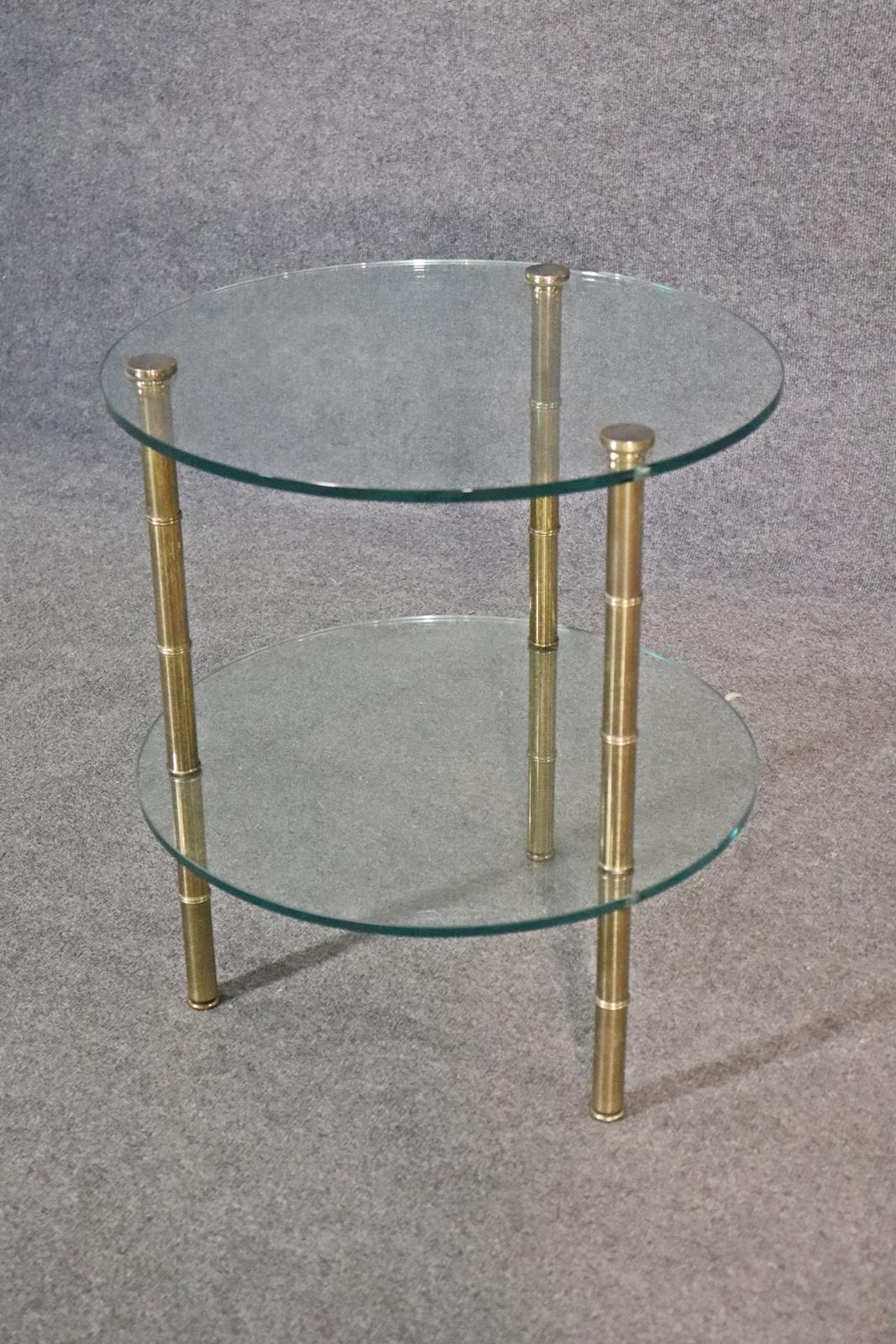 Single Brass Faux Bamboo Bagues Style Two Tier Glass End Table For Sale 1