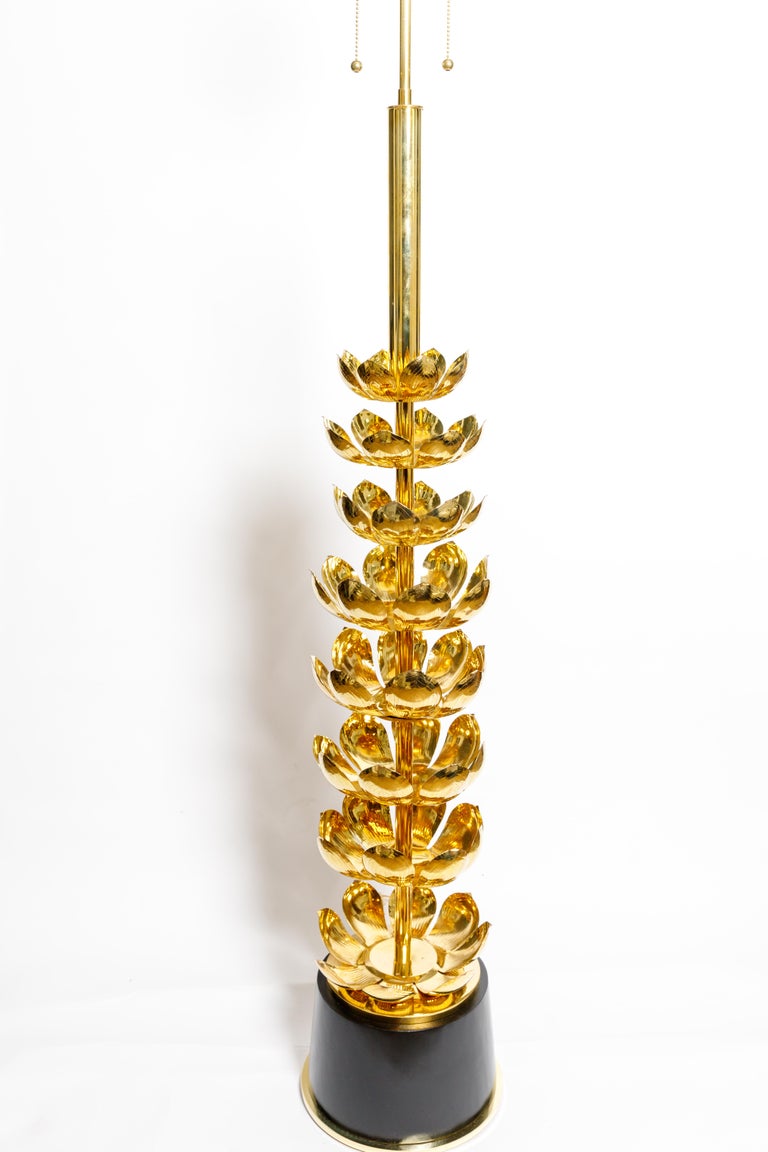 Mid-Century Modern Single Brass Lotus Form Floor Lamp with Black Base, by Feldman For Sale