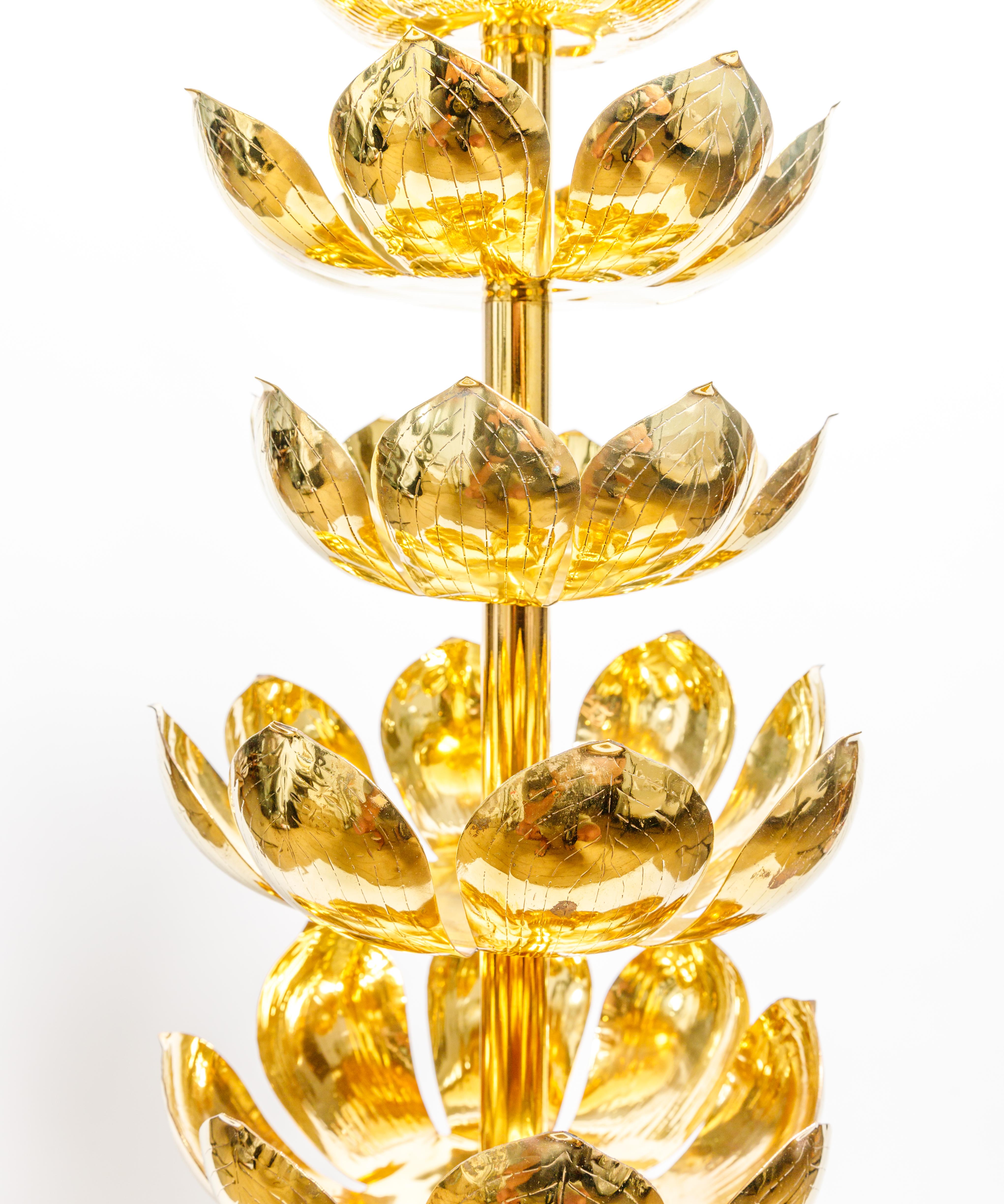 Brass Lotus Form Floor Lamp with Black Base, by Feldman In Good Condition For Sale In Bridgehampton, NY