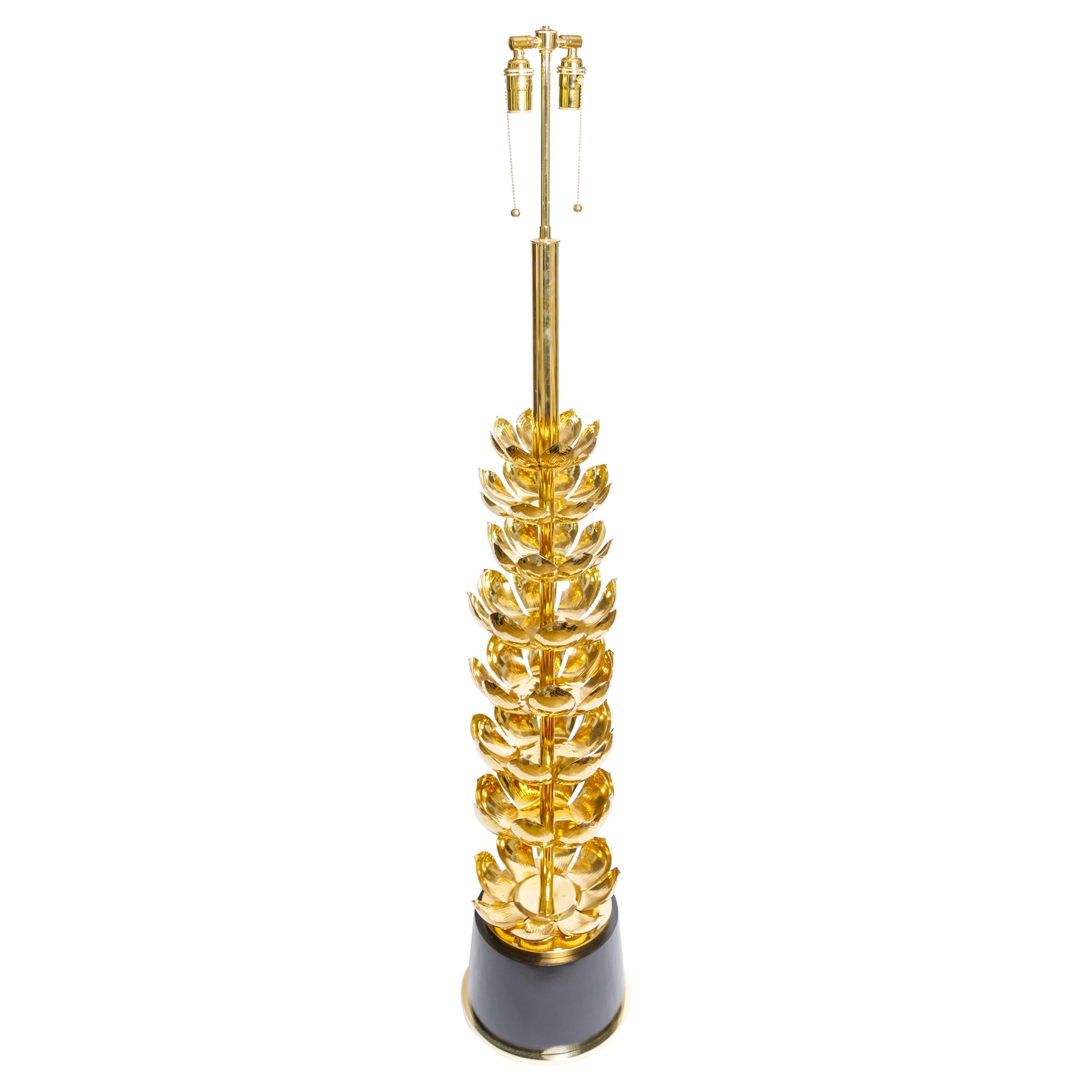 Brass Lotus Form Floor Lamp with Black Base, by Feldman