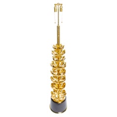 Single Brass Lotus Form Floor Lamp with Black Base, by Feldman