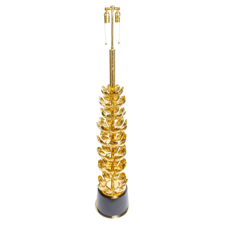 Single Brass Lotus Form Floor Lamp with Black Base, by Feldman For Sale