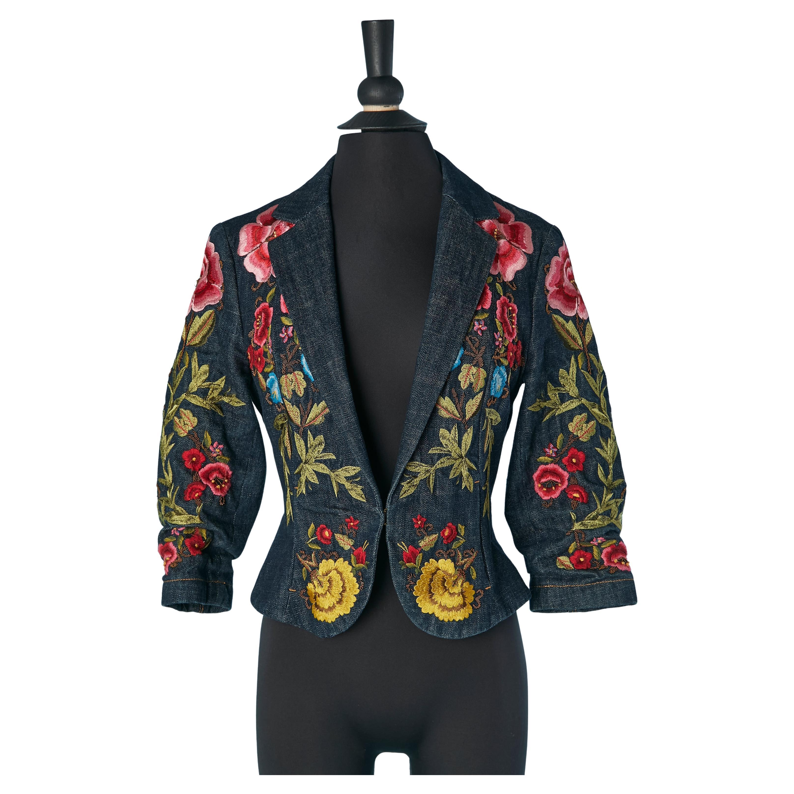 Einreihige Denim-Jacke aus Denim mit Blumenstickereien CHRISTIAN LACROIX im Angebot