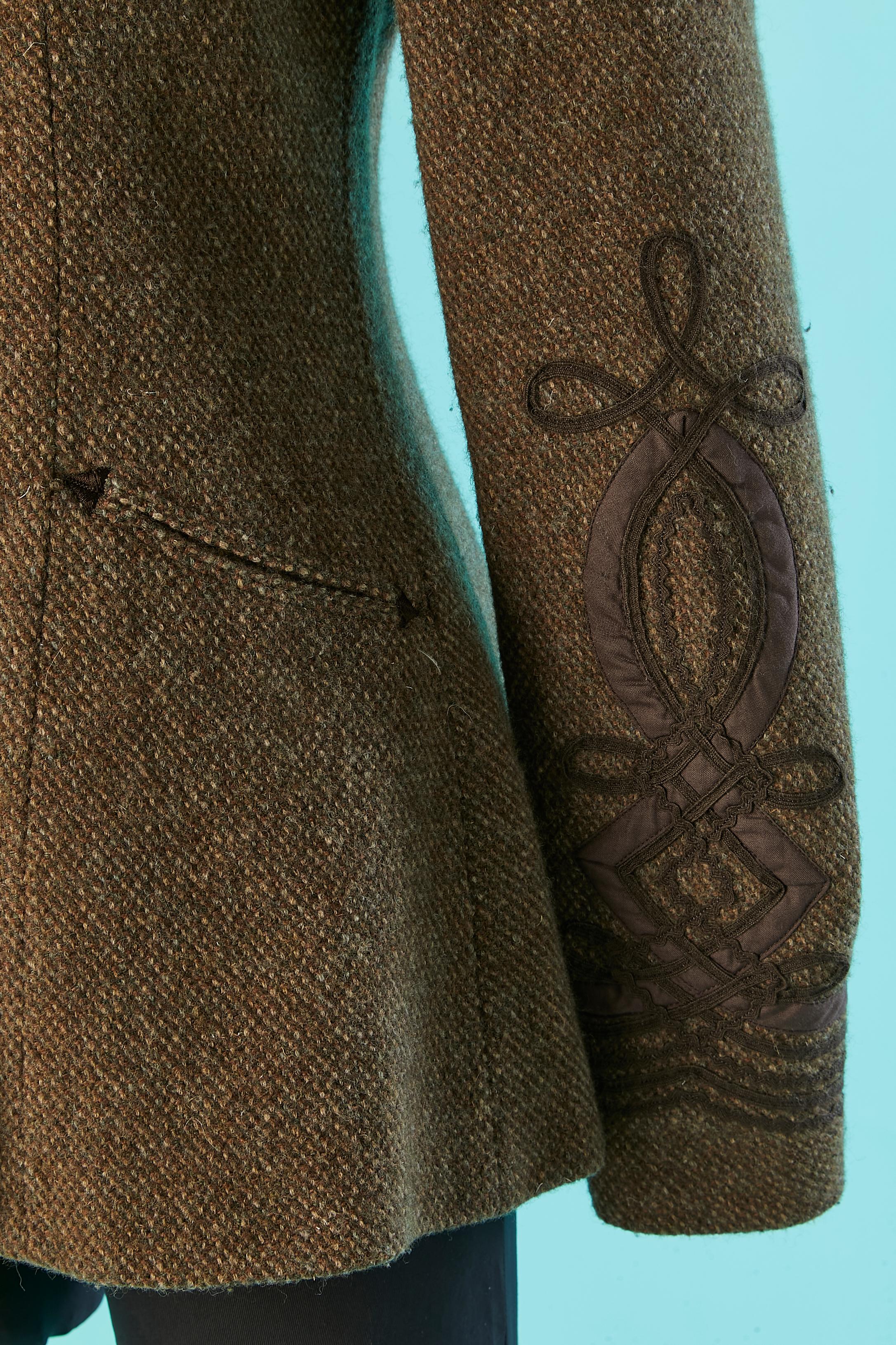 Brown Single breasted kaki wool chiné blazer with embroideries on sleeves Ralph Lauren For Sale