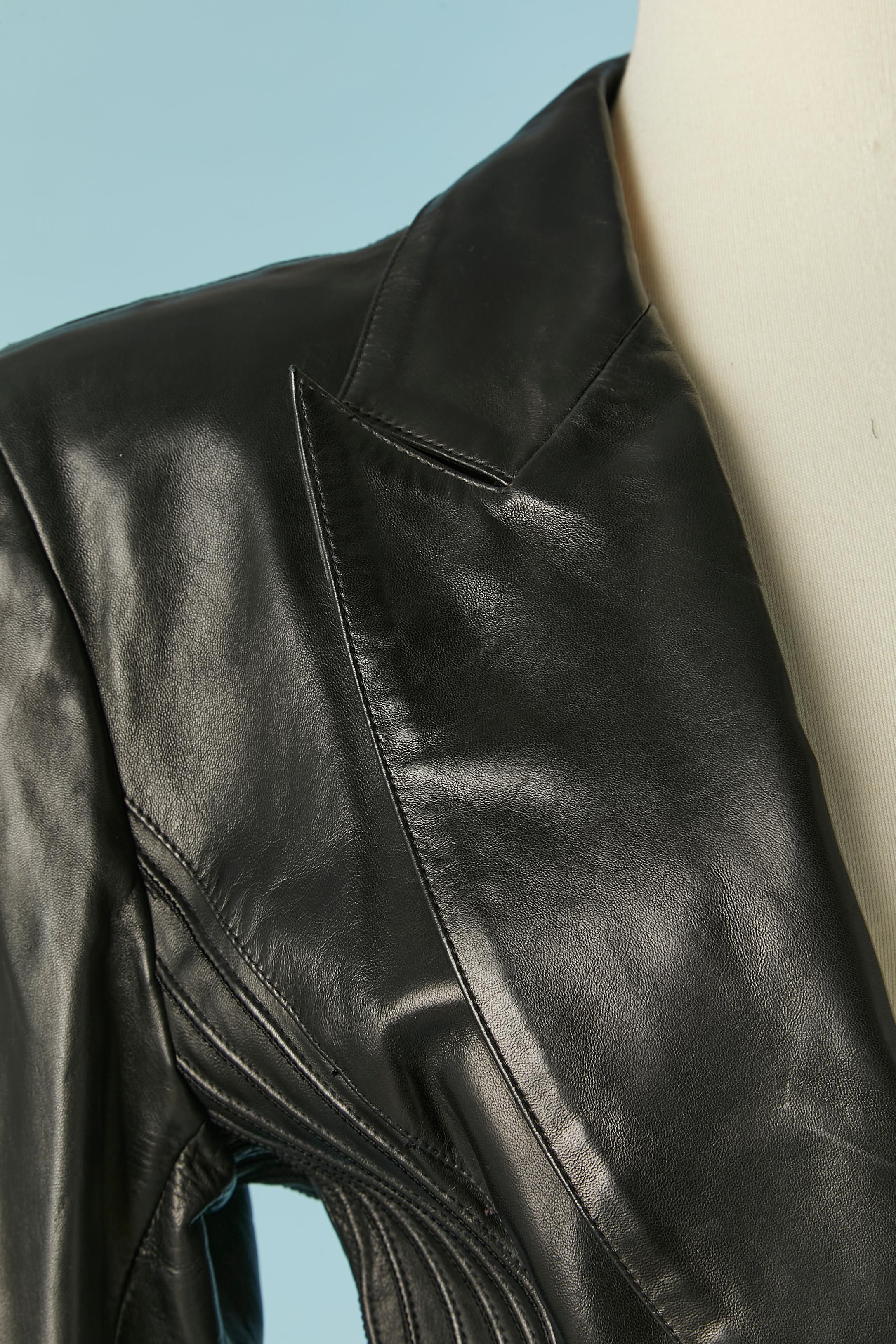 Black Single breasted leather jacket with top-stitching Claude Montana pour Ideal Cuir