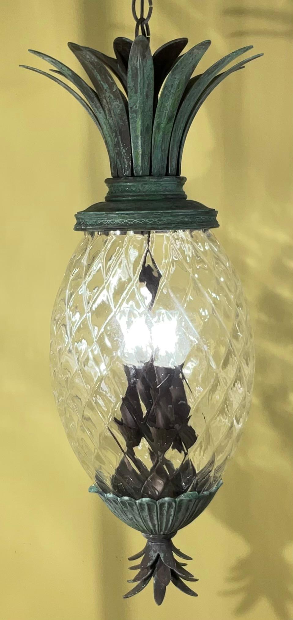 Single Bronze and Brass Hanging Pineapple Chandelier / Pendant In Good Condition For Sale In Delray Beach, FL