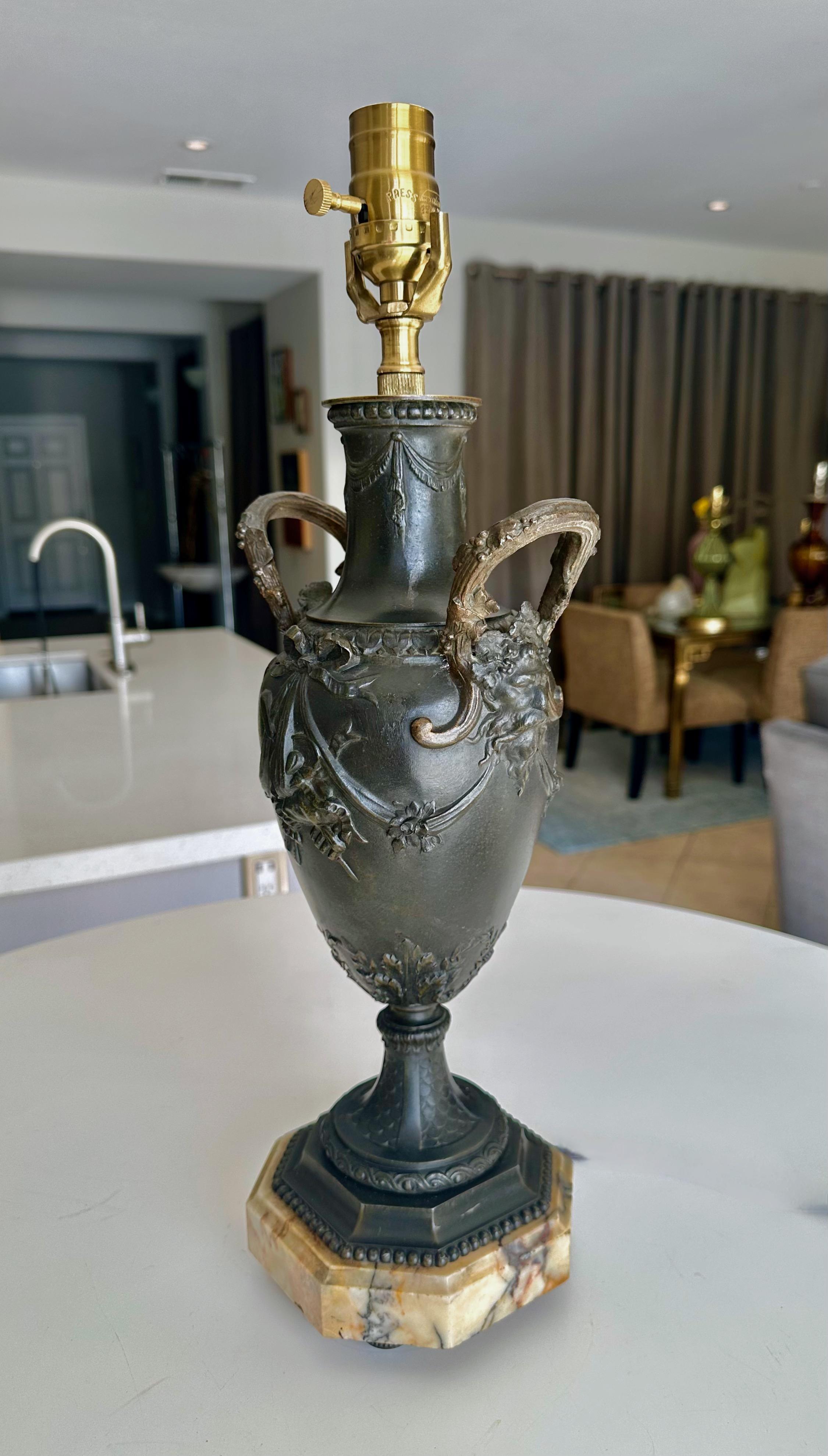 Single Bronze Empire Satyr Head Table Lamp In Good Condition For Sale In Palm Springs, CA
