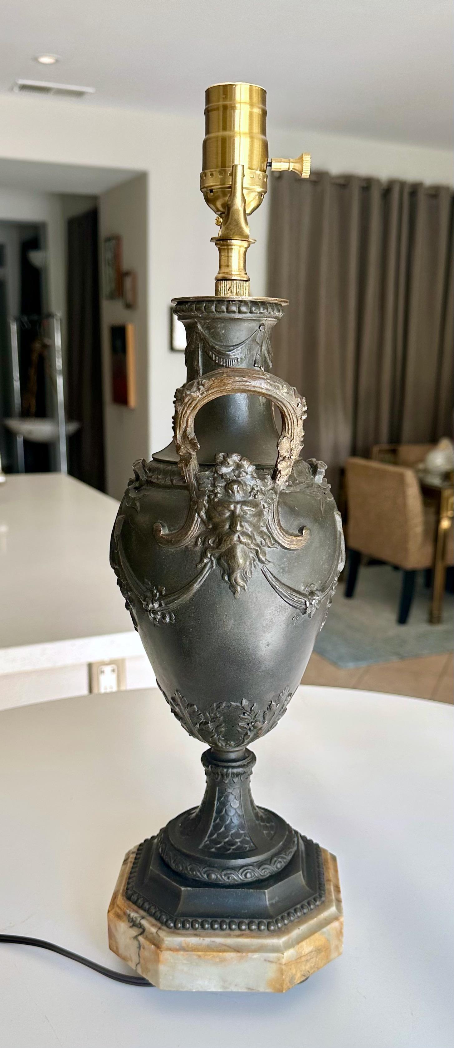 Brass Single Bronze Empire Satyr Head Table Lamp For Sale