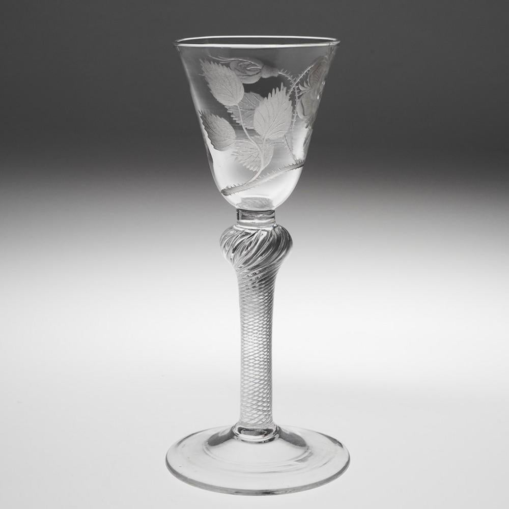 George II Single Bud Jacobite Engraved Composite Stem Wine Glass Engraver E, circa 1750