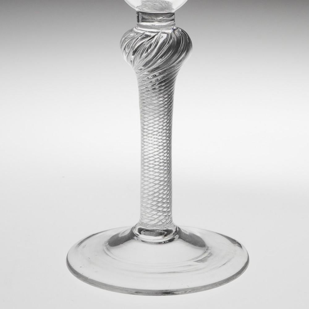 English Single Bud Jacobite Engraved Composite Stem Wine Glass Engraver E, circa 1750