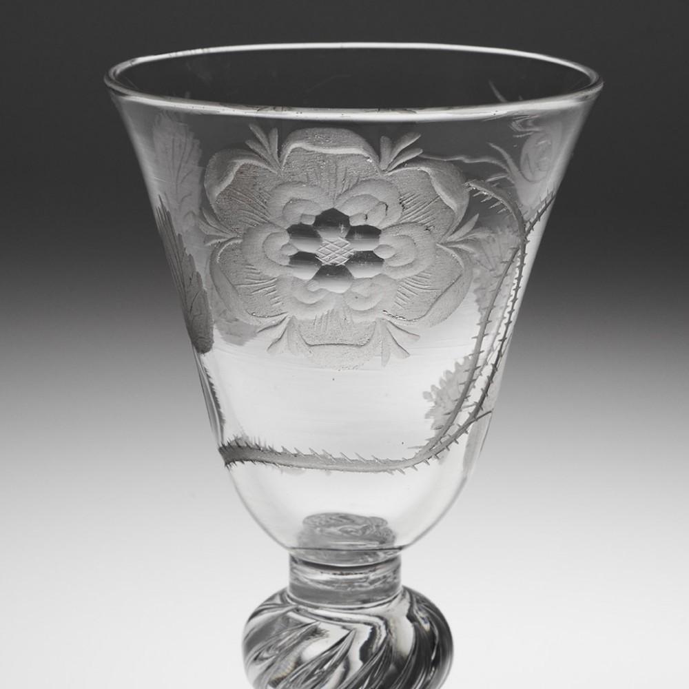 Single Bud Jacobite Engraved Composite Stem Wine Glass Engraver E, circa 1750 In Good Condition In Tunbridge Wells, GB