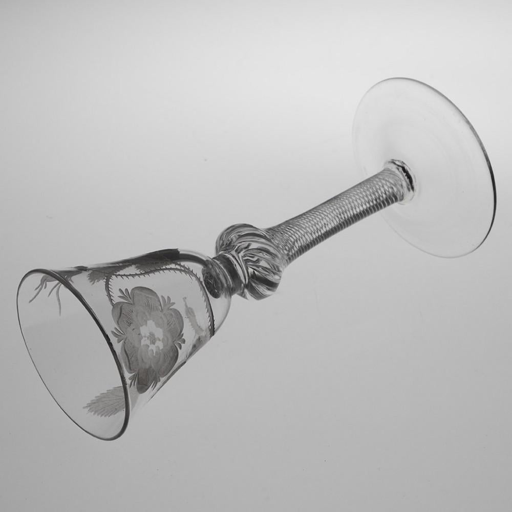 18th Century and Earlier Single Bud Jacobite Engraved Composite Stem Wine Glass Engraver E, circa 1750