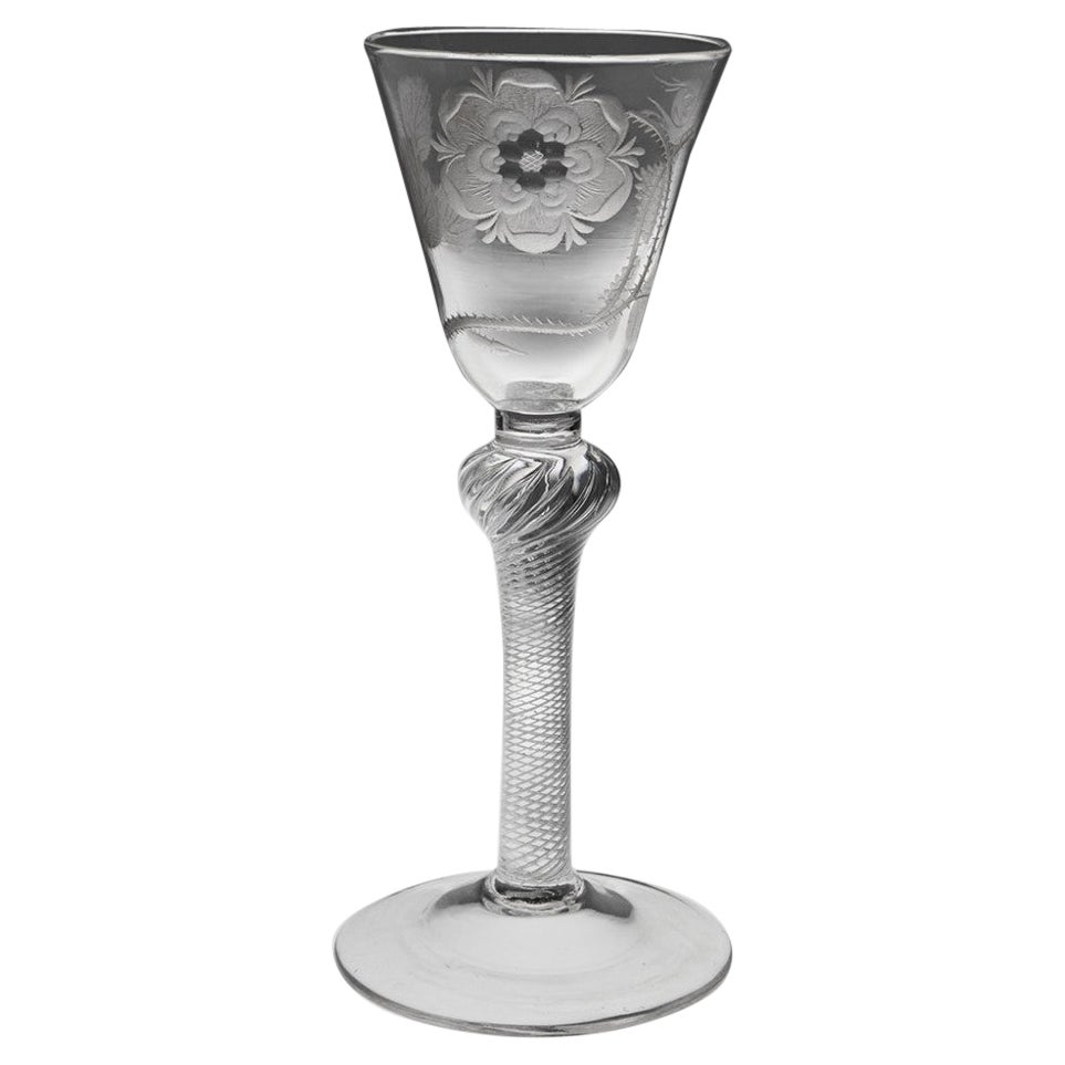 Single Bud Jacobite Engraved Composite Stem Wine Glass Engraver E, circa 1750