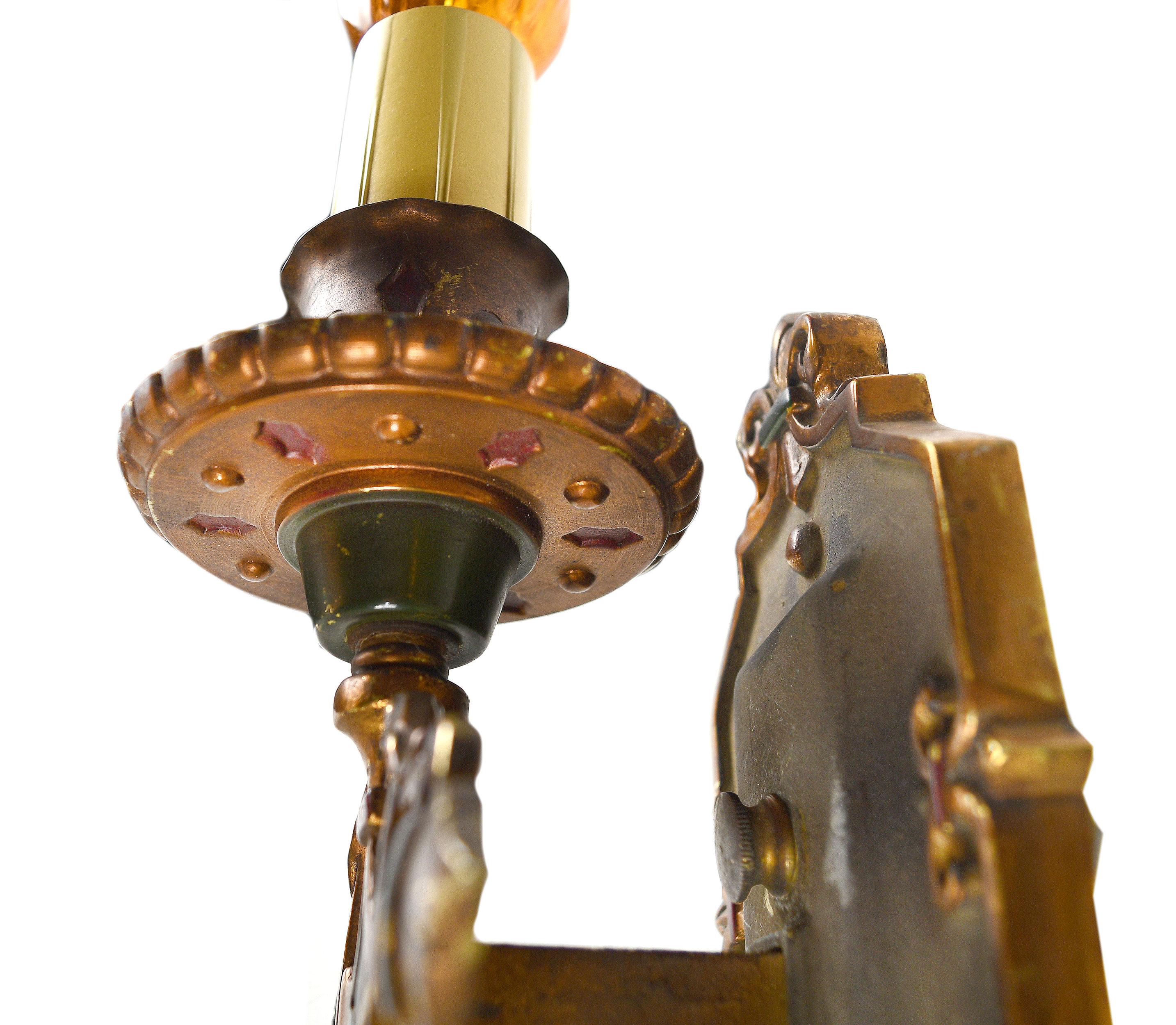 American Single Candle Polychrome Brass Tudor Sconce