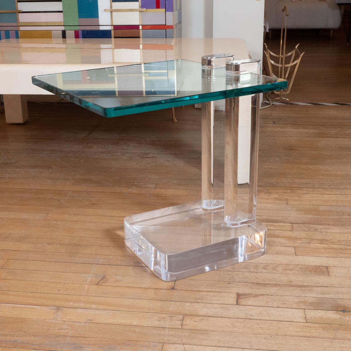 Single cantilevered square Lucite and glass side table