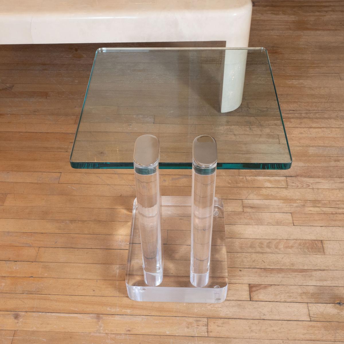 American Single cantilevered square Lucite and glass table For Sale