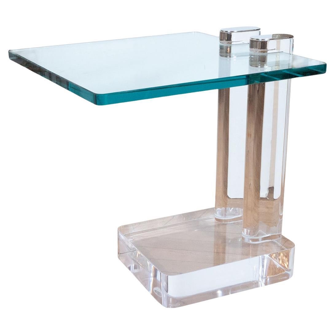 Single cantilevered square Lucite and glass table For Sale