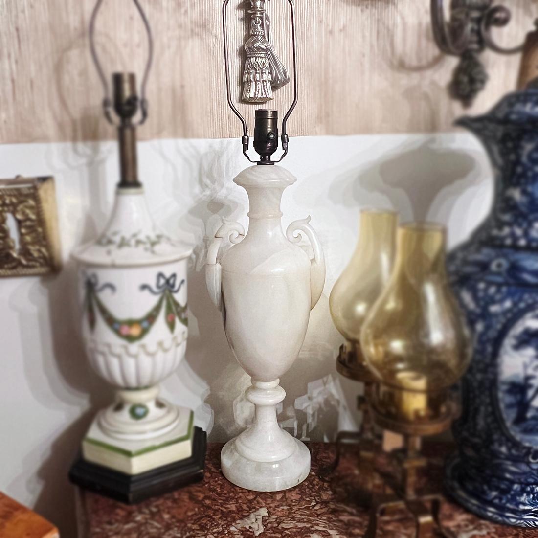 Early 20th Century Single Carved Alabaster Table Lamp For Sale