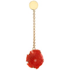 Single Carved Coral 18 Karat Gold Earrings