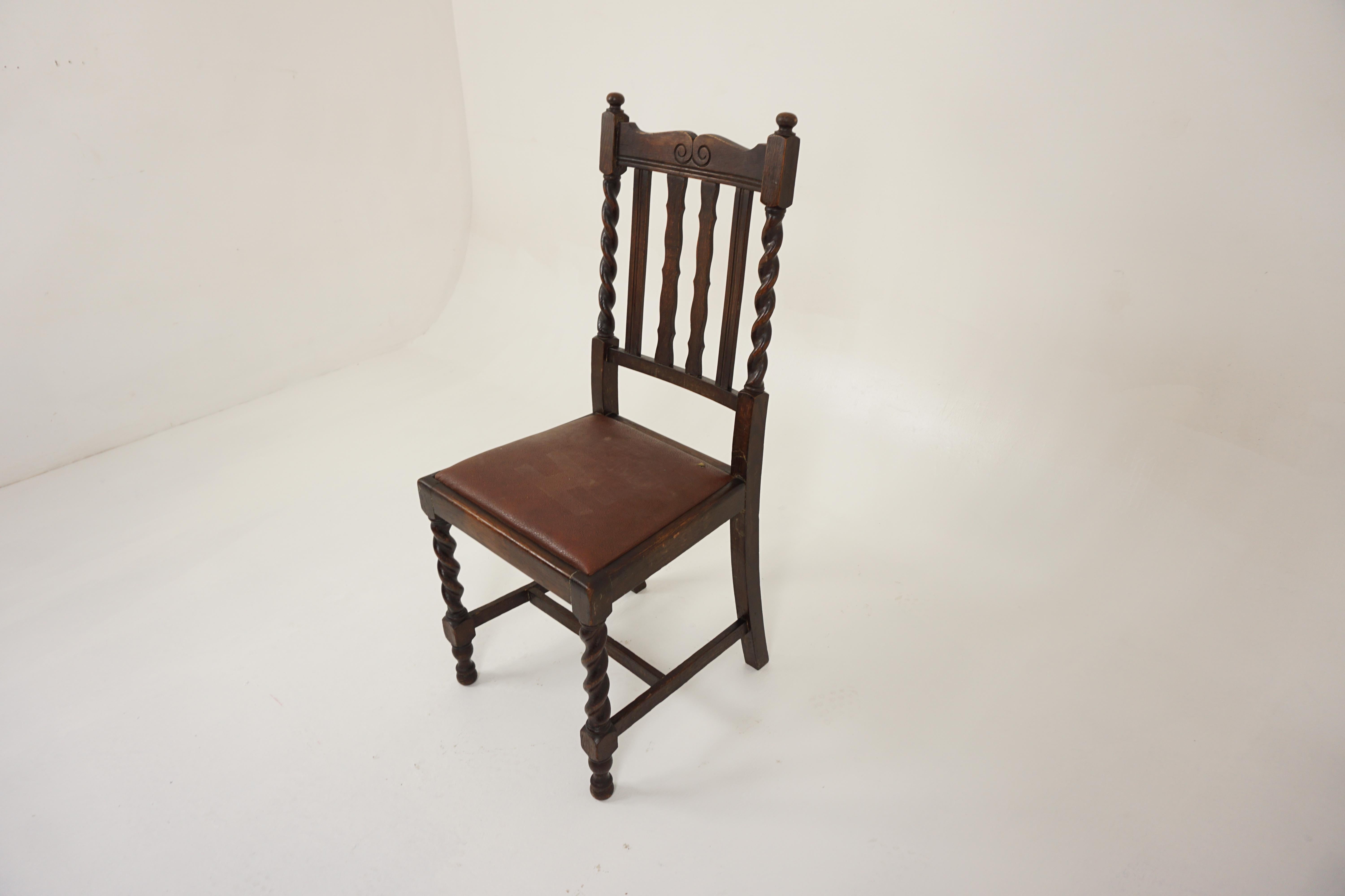 Single carved oak barley twist dining chair, Scotland 1920, H007

Scotland 1920
Solid Oak
Original finish
Carved top rail
Pair of Barley twist support with finials on top
Four vertical slats to the back
Lift out upholstered seat
All