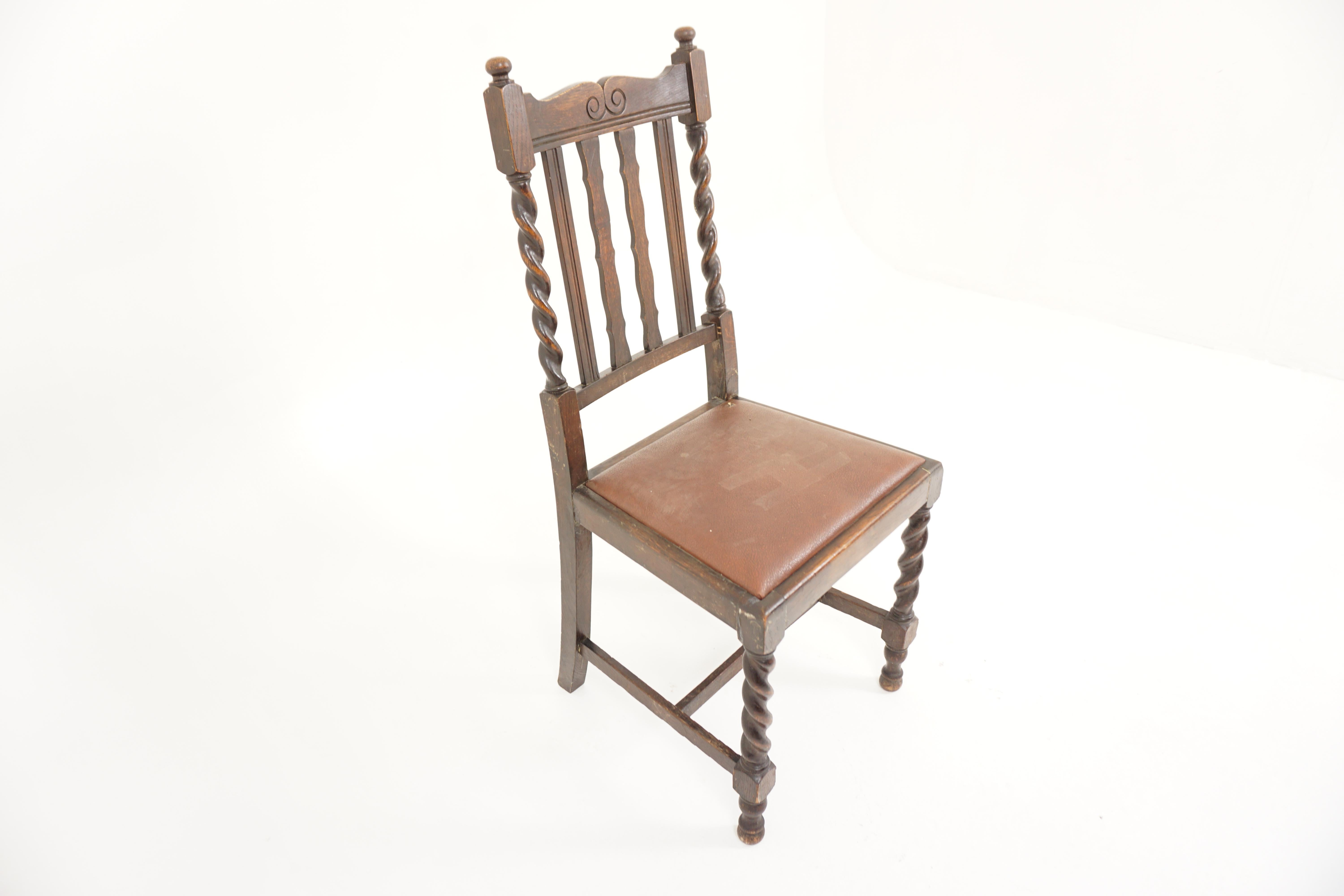 Scottish Single Carved Oak Barley Twist Dining Chair, Scotland 1920, H007