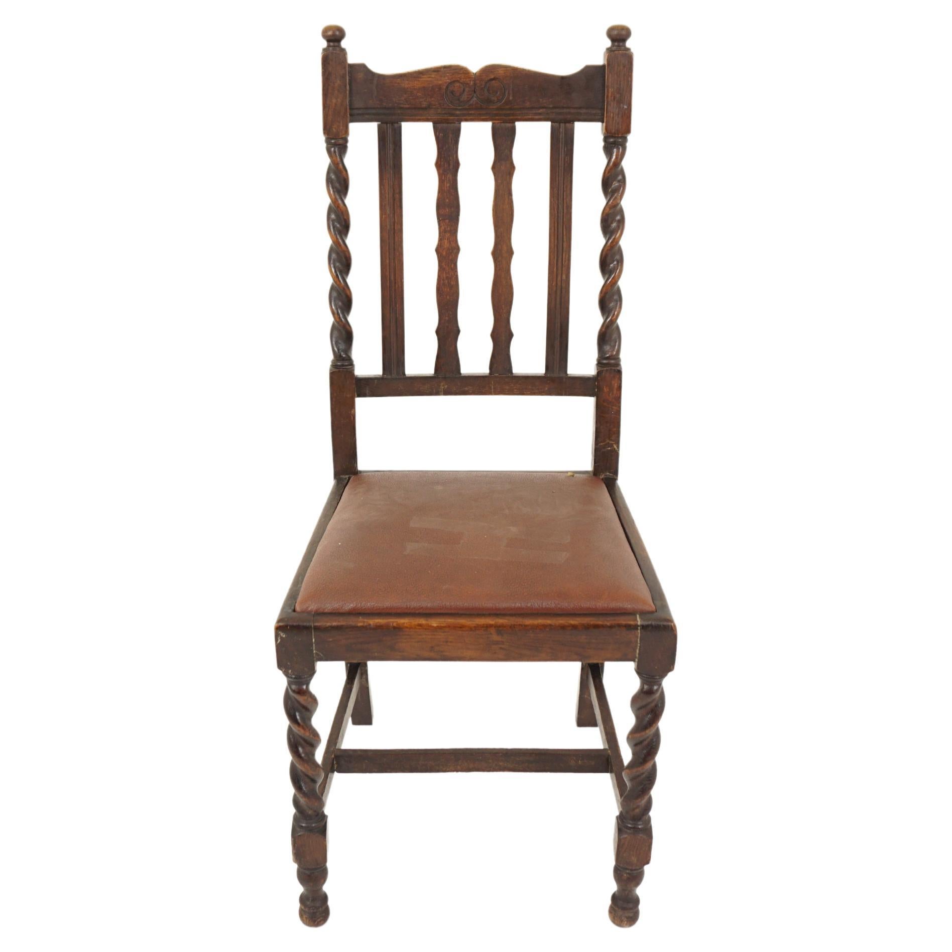 Single Carved Oak Barley Twist Dining Chair, Scotland 1920, H007