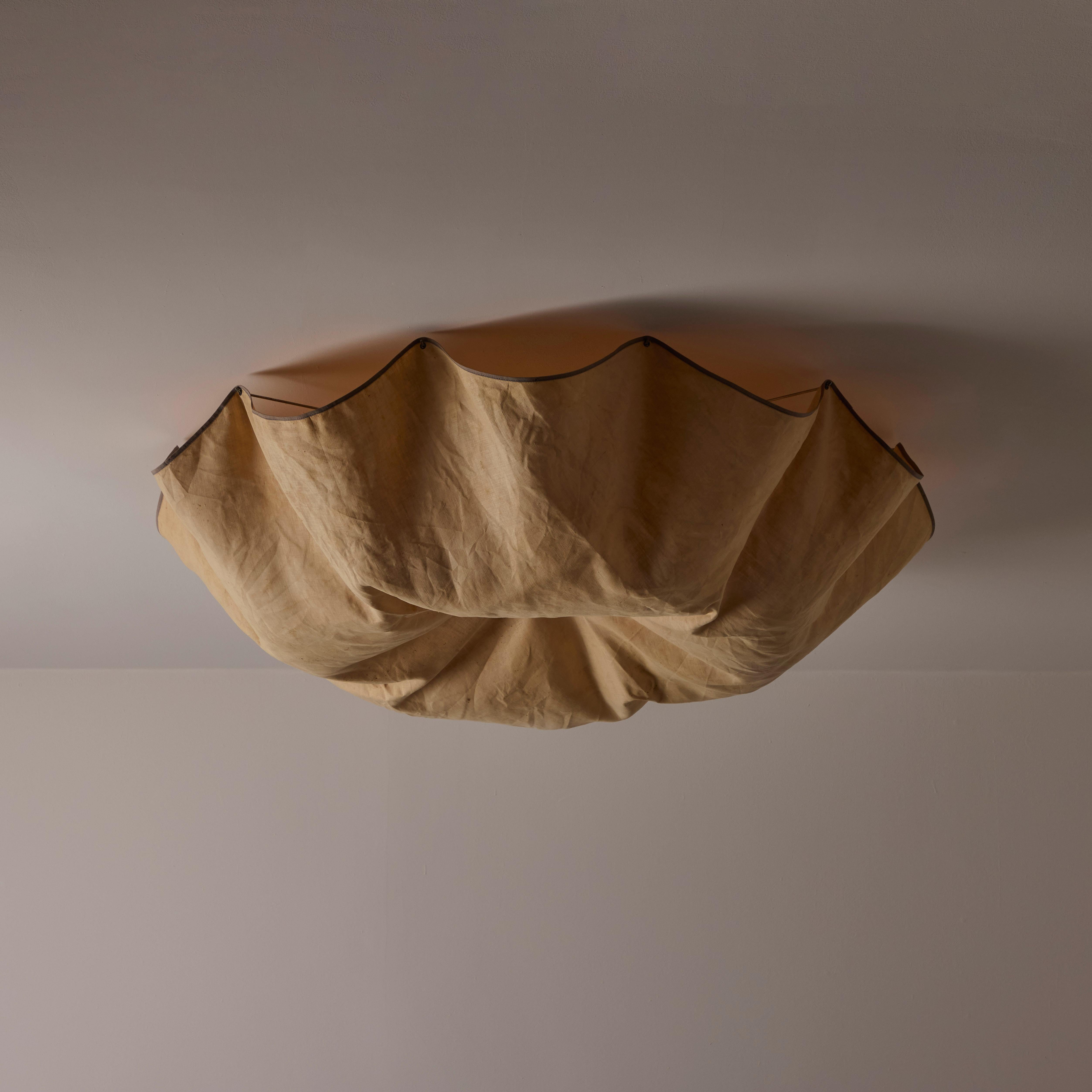 'Celestia' ceiling light by Tobia Scarpa for Flos. Designed and manufactured in Italy, 1982. Linen fabric draped diffuser in a natural seeded color. Chromed spokes allow for drapery on linen shade. Powder-coated off-white pressed aluminum electrical