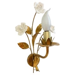 Single Ceramic Roses Tole Sconces Gilt Metal, 1960s Italy