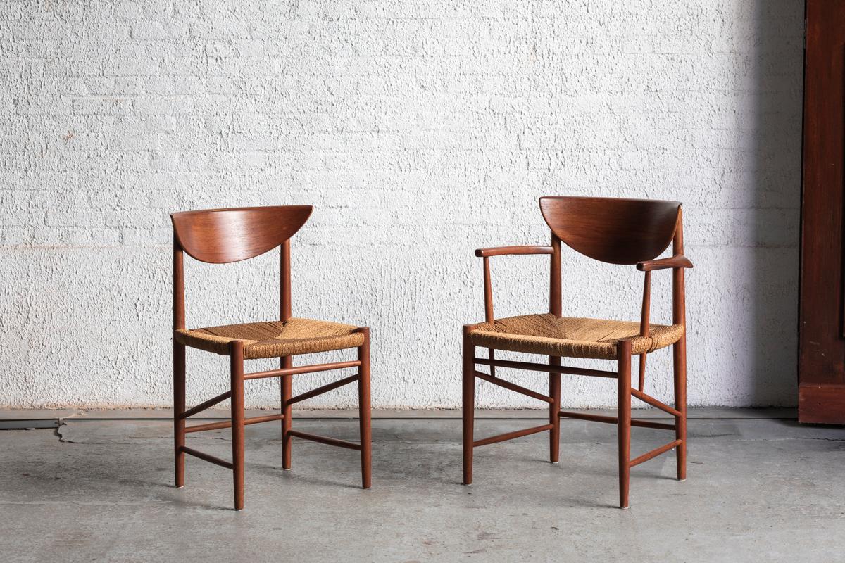 Side chair designed by Peter Hvidt and Orla Mølgaard and produced by Soborg Mobler in Denmark around 1970. This chair has a solid teak frame and a twisted rush seating. In very good condition.

We also have a matching armchair, model 317, in