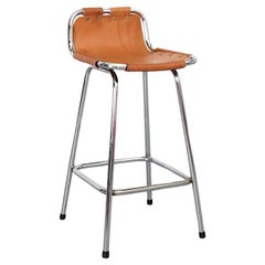 Single Charlotte Perriand Style Leather and Chrome Counter Stool